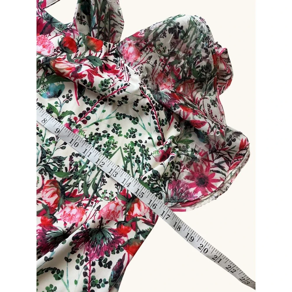 Belle Badgley Mischka‎ Floral Ruffle Neck Mini Dress Pink Green White Size 4